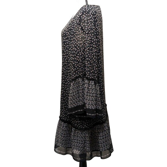 Max Studio Dress L Black Print Scoop  Flared Sleeve Tiered Bohemian Peasant Nice - Picture 5 of 16